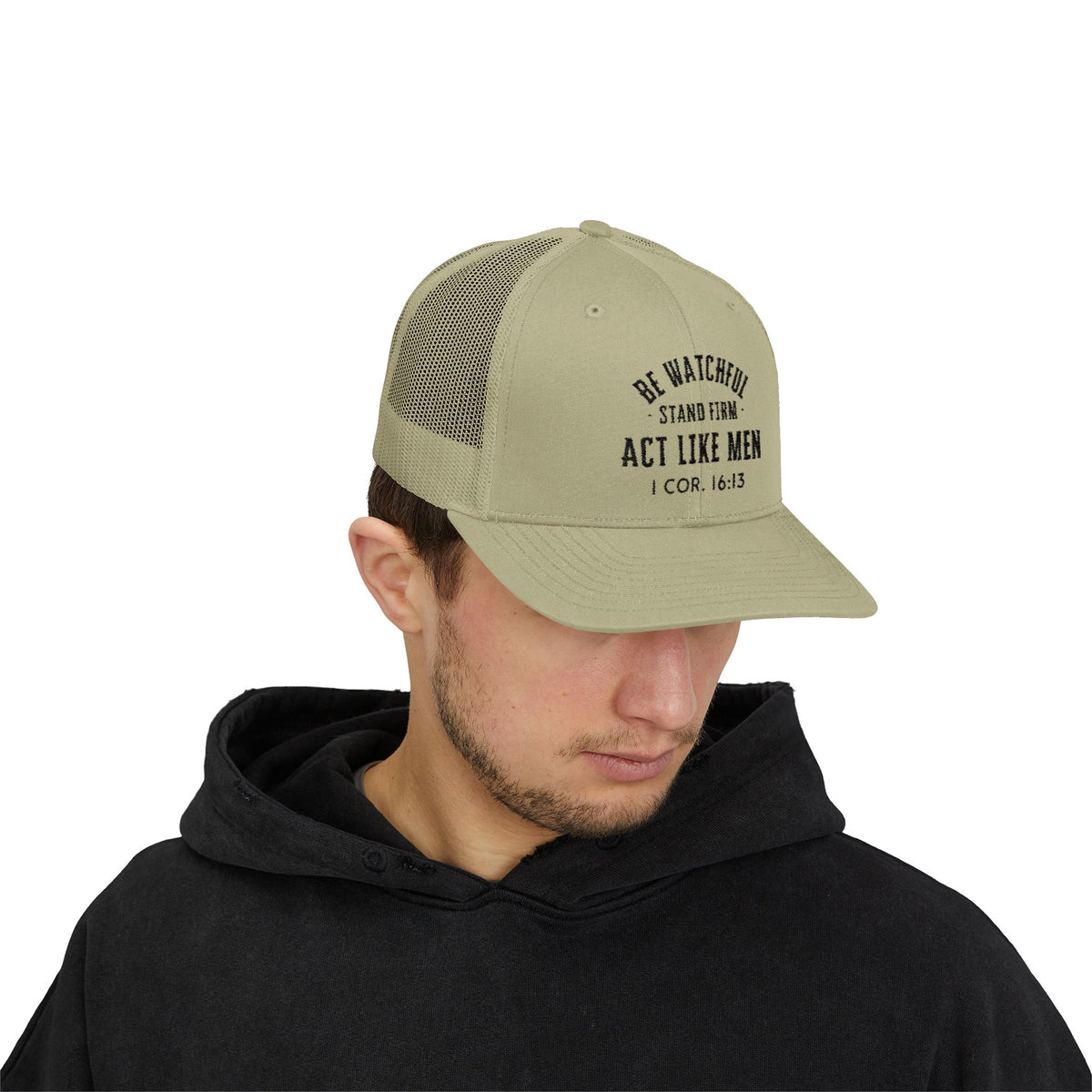 Be Watchful Trucker Hat Black Letter