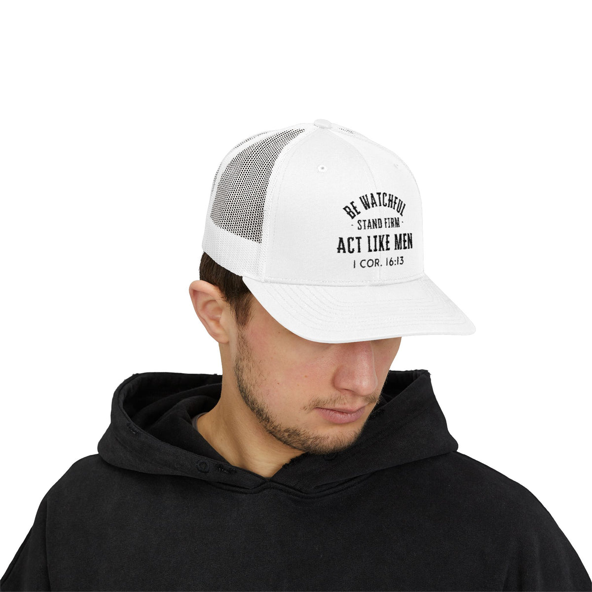 Be Watchful Trucker Hat Black Letter
