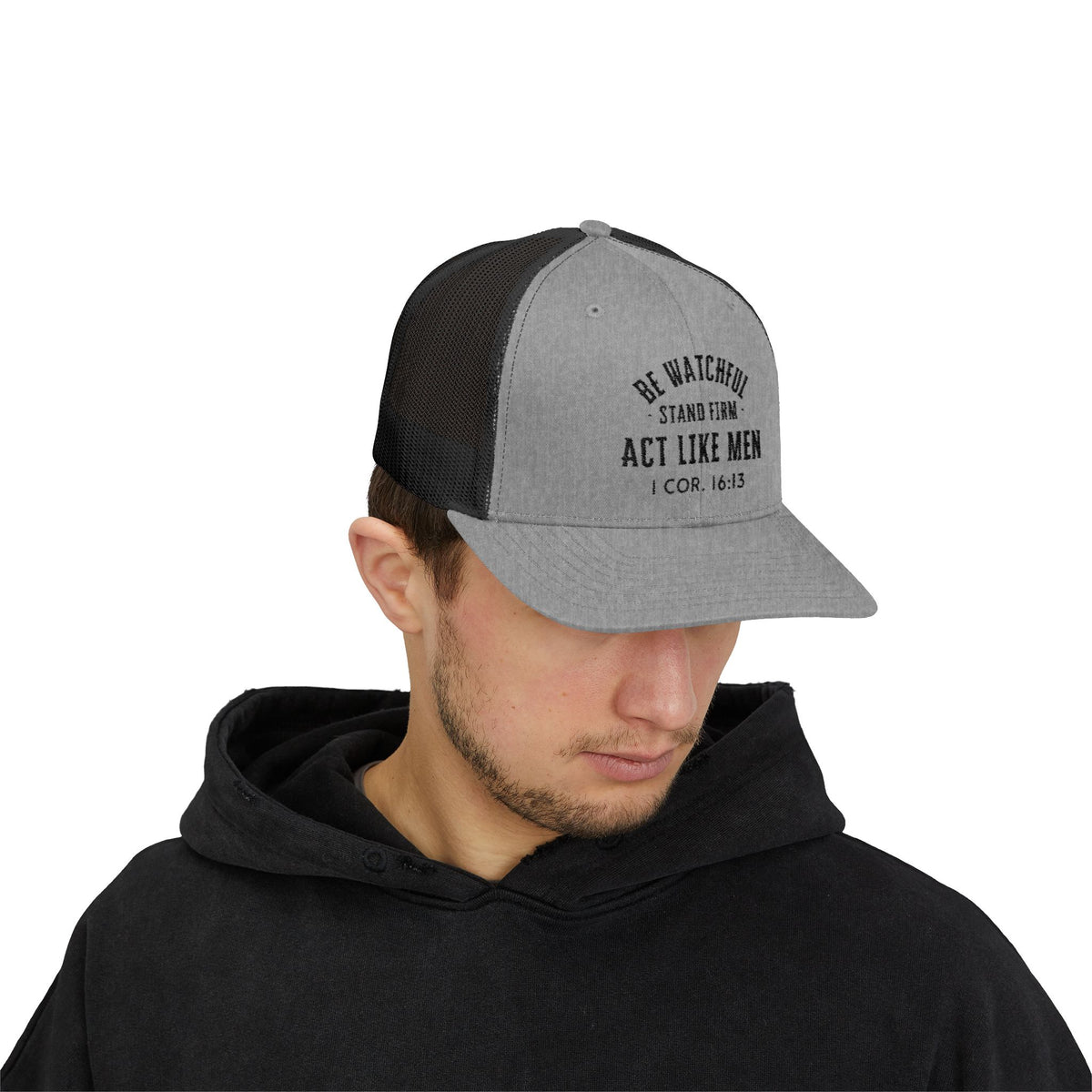 Be Watchful Trucker Hat Black Letter