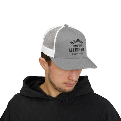 Be Watchful Trucker Hat Black Letter